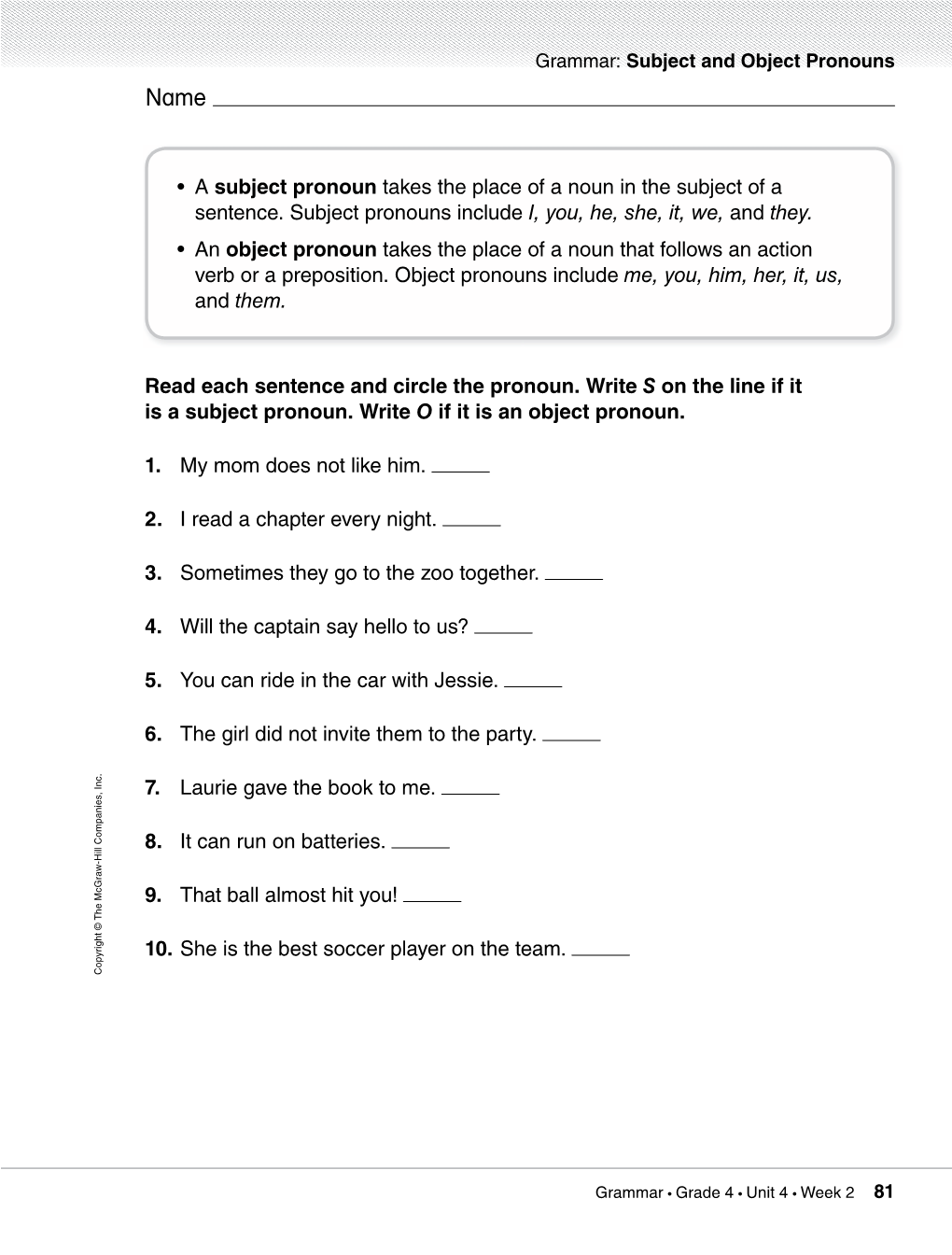 Read Each Sentence and Circle the Pronoun. Write S on the Line If It Is a Subject Pronoun