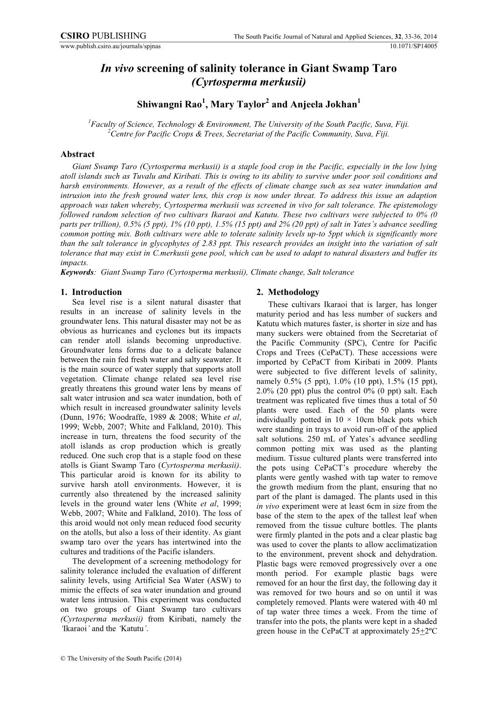 In Vivo Screening of Salinity Tolerance in Giant Swamp Taro (Cyrtosperma Merkusii)