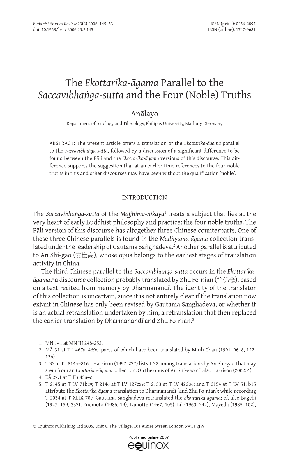 The Ekottarika-Āgama Parallel to the Saccavibhaṅga-Sutta and the Four (Noble) Truths