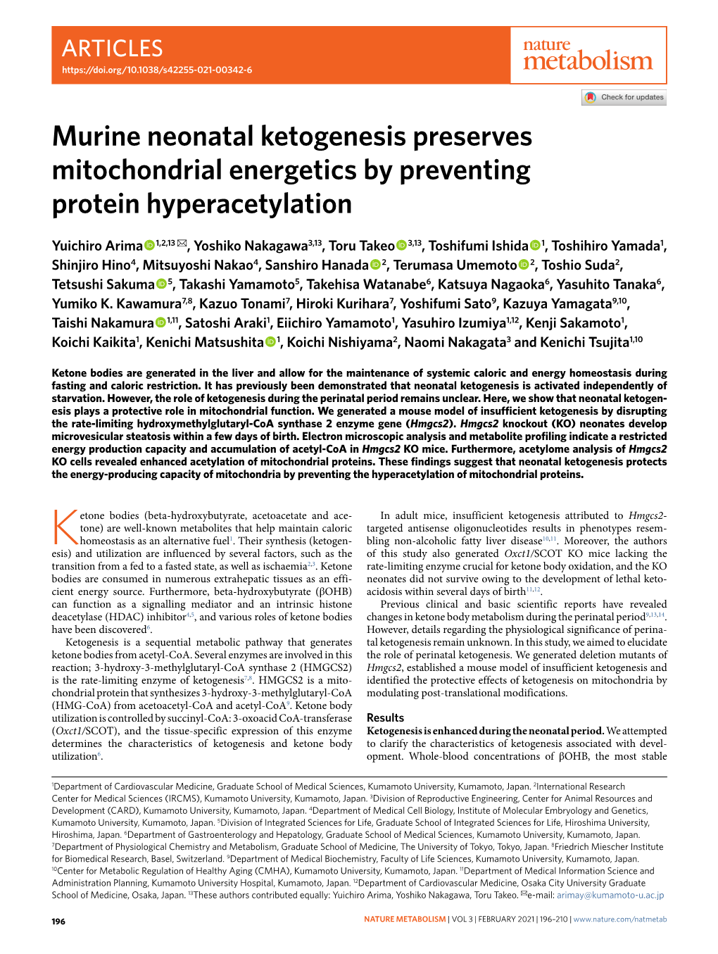 Murine Neonatal Ketogenesis Preserves Mitochondrial Energetics by Preventing Protein Hyperacetylation