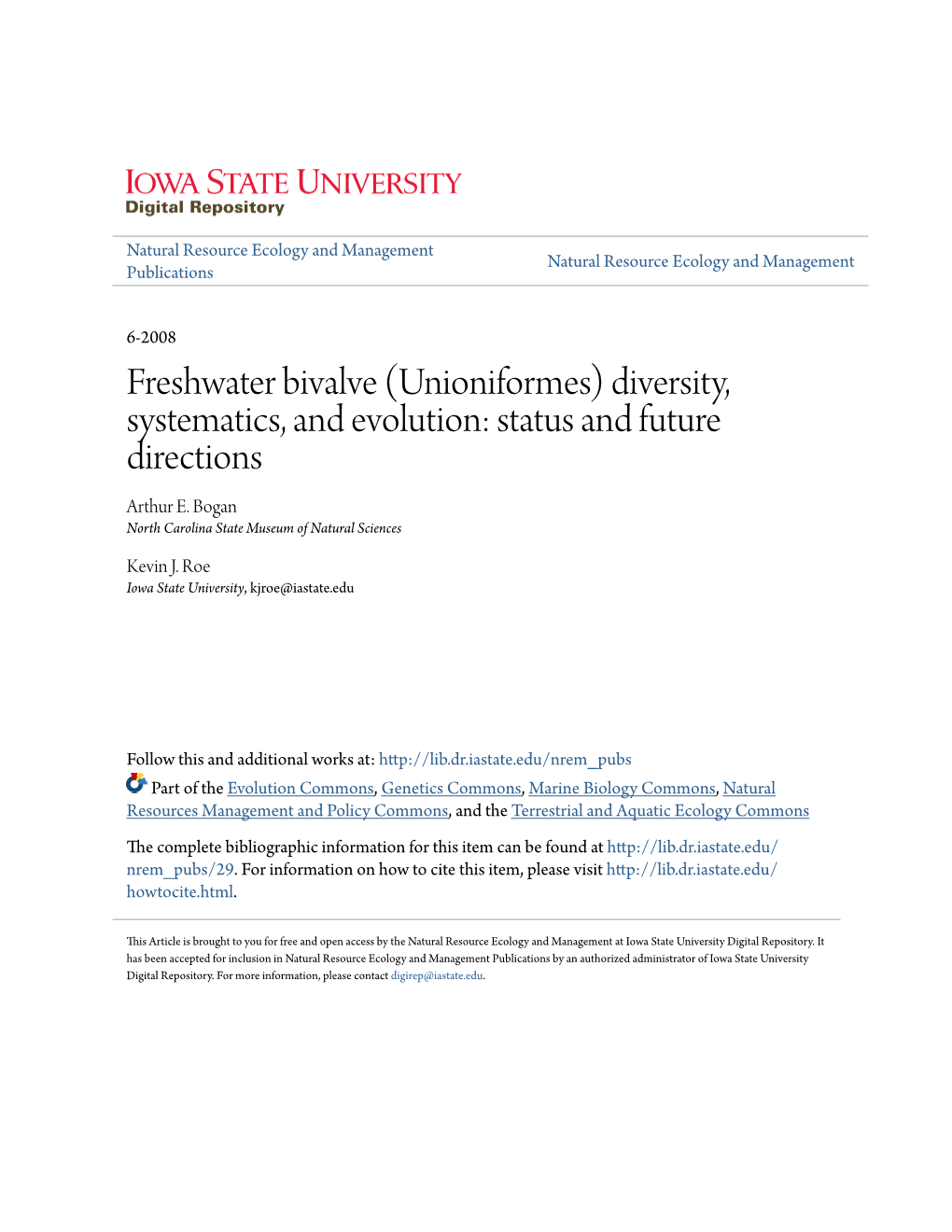 Freshwater Bivalve (Unioniformes) Diversity, Systematics, and Evolution: Status and Future Directions Arthur E