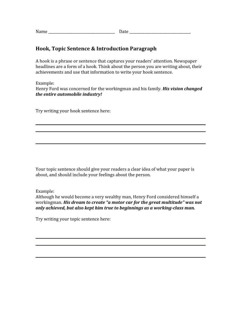 Hook, Topic Sentence & Introduction Paragraph