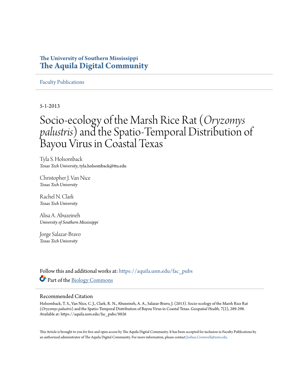 Socio-Ecology of the Marsh Rice Rat (<I