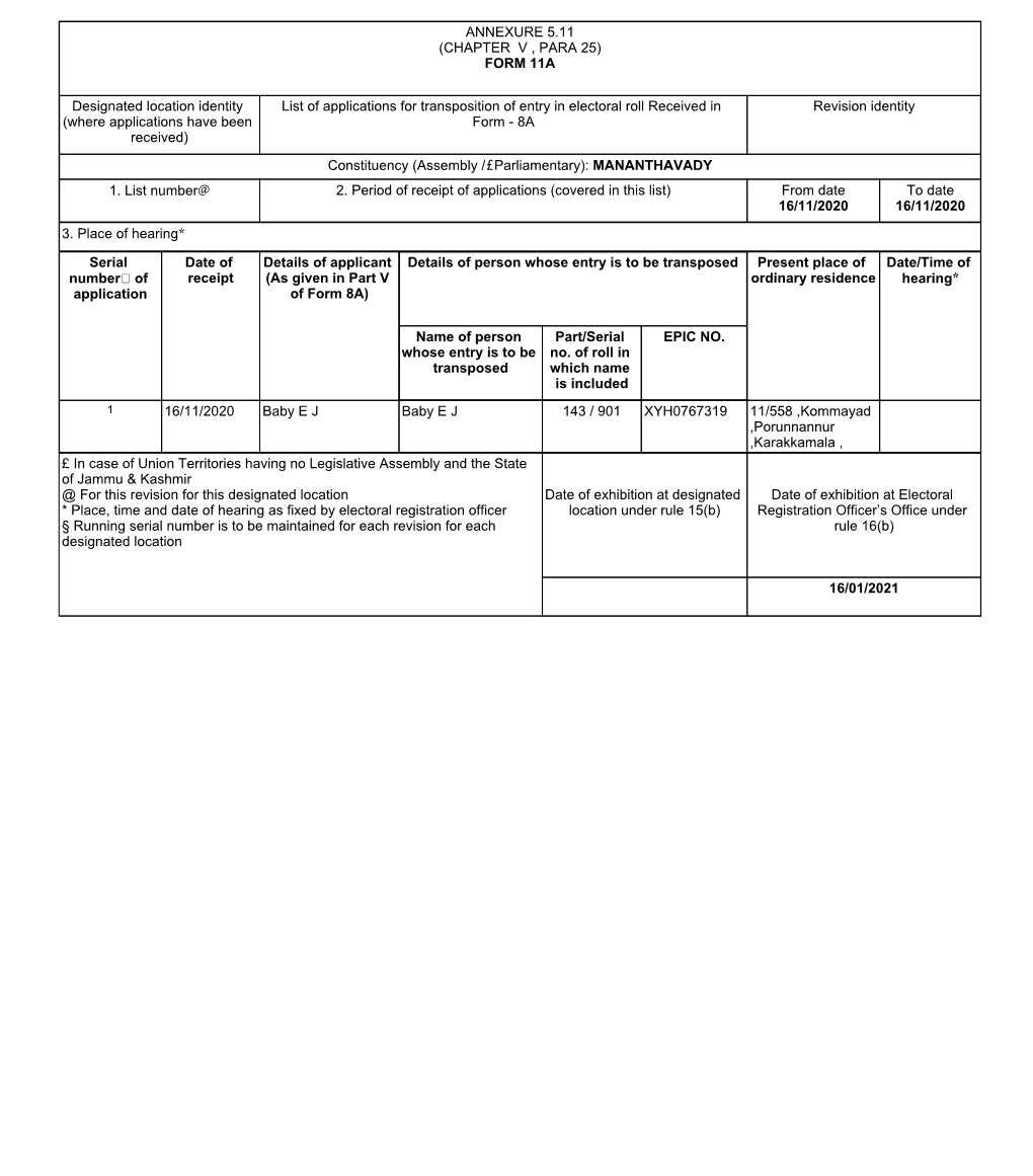 (CHAPTER V , PARA 25) FORM 11A Designated Location Identity