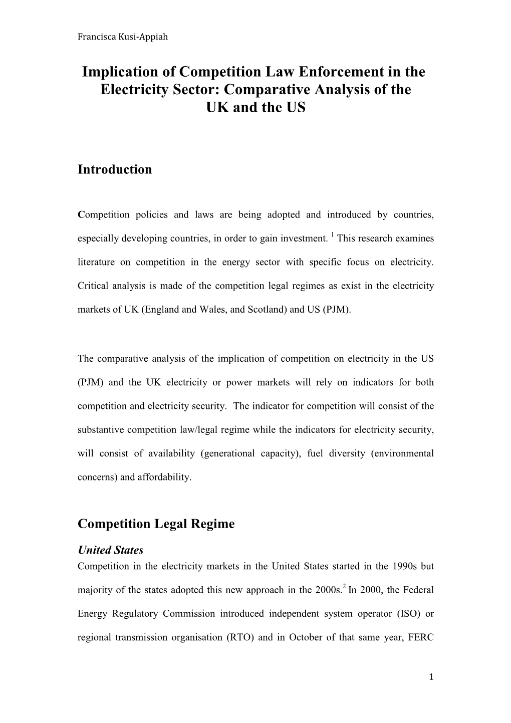 Implication of Competition Law Enforcement in the Electricity Sector: Comparative Analysis of the UK and the US