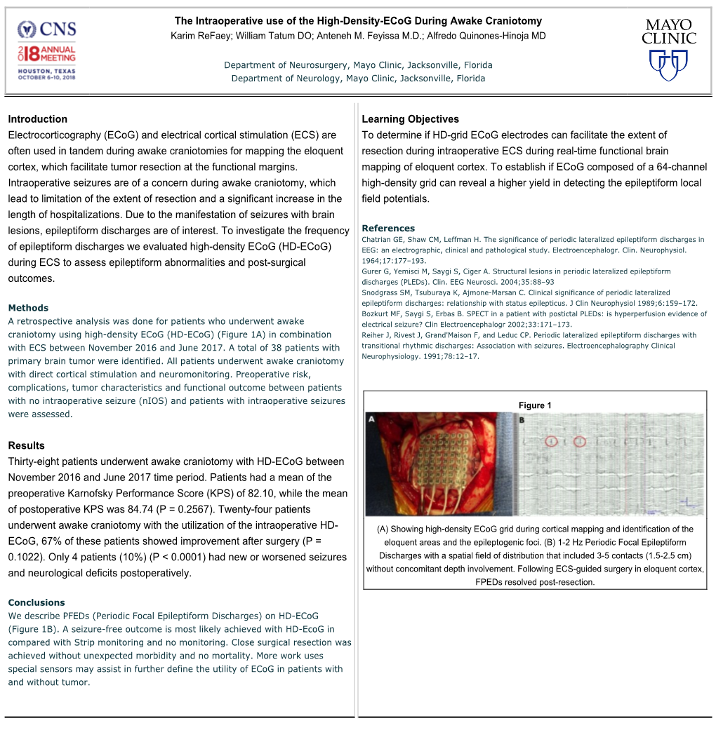 The Intraoperative Use of the High-Density-Ecog During Awake Craniotomy Karim Refaey; William Tatum DO; Anteneh M