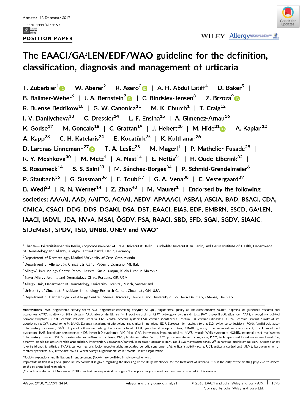 The EAACI/GA²LEN/EDF/WAO Guideline for the Definition, Classification, Diagnosis and Management of Urticaria