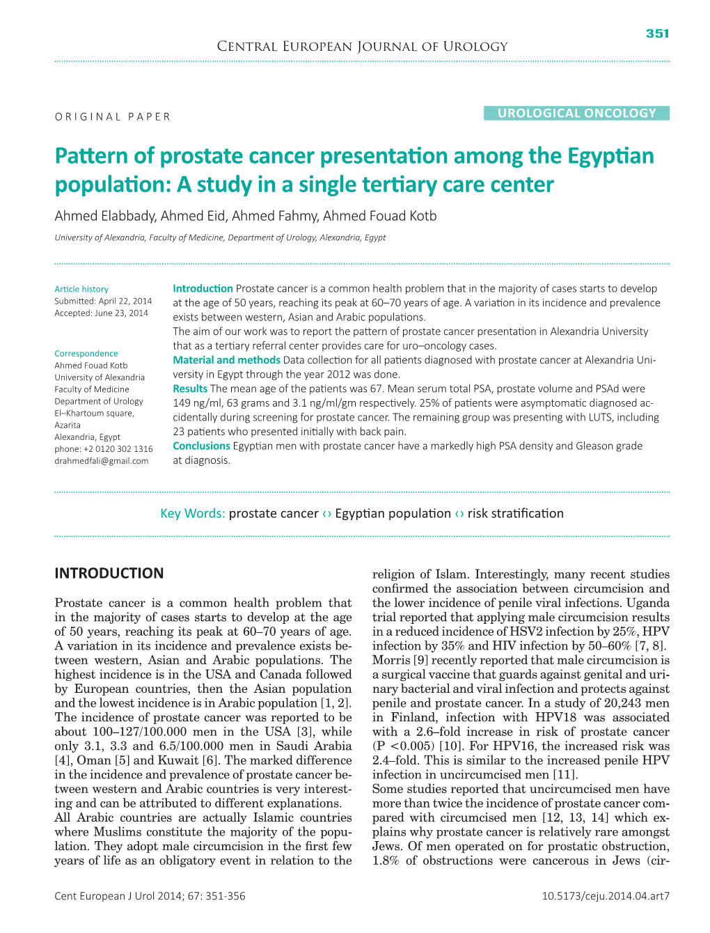 Pattern of Prostate Cancer Presentation Among the Egyptian Population