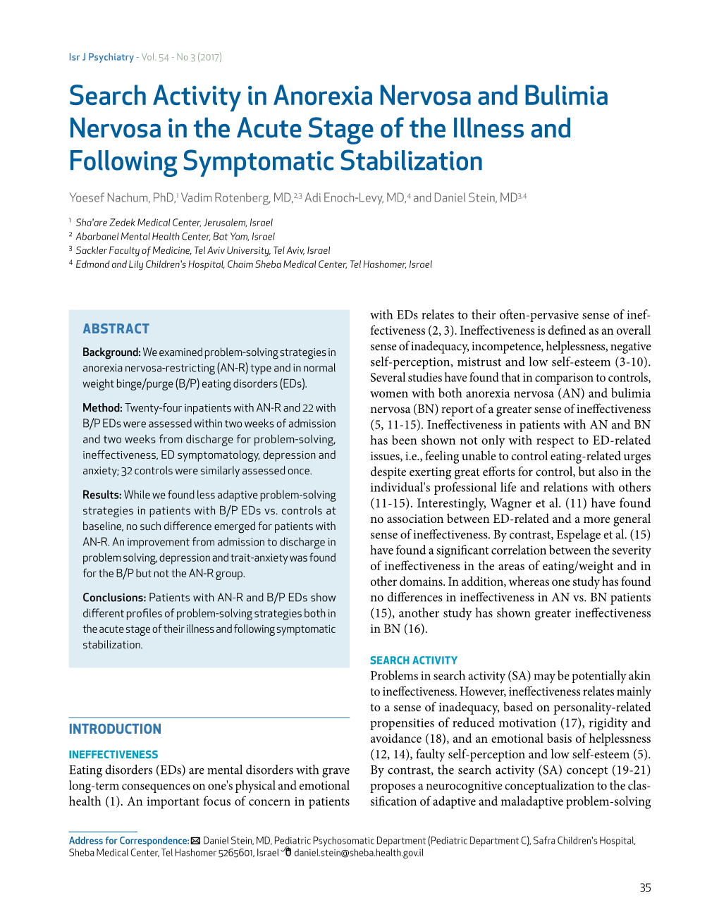 Search Activity in Anorexia Nervosa and Bulimia Nervosa in the Acute Stage of the Illness and Following Symptomatic Stabilization