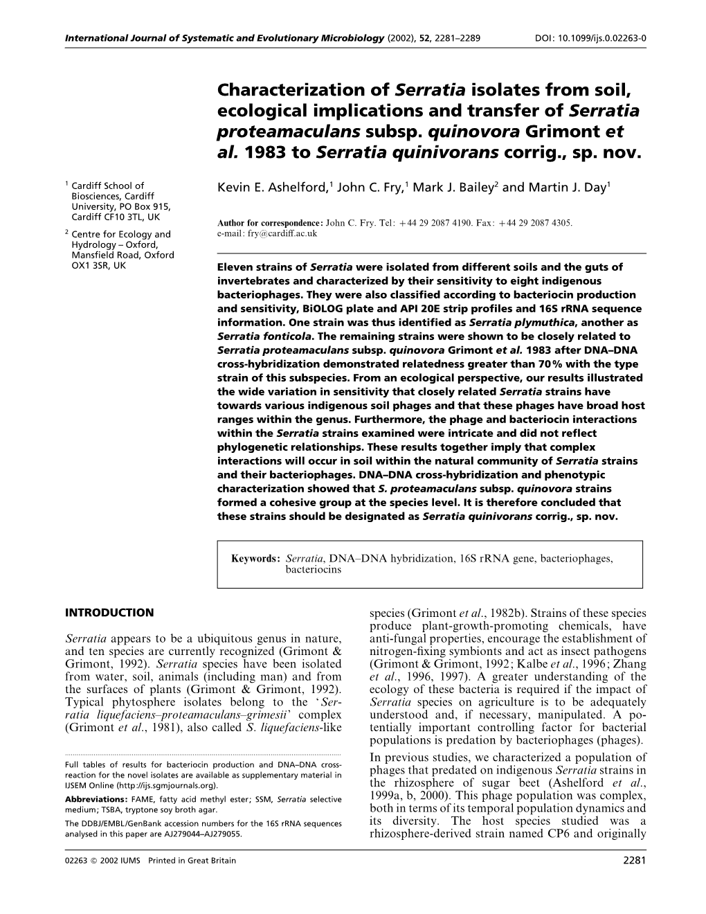 Characterization of Serratia Isolates from Soil, Ecological Implications and Transfer of Serratia Proteamaculans Subsp