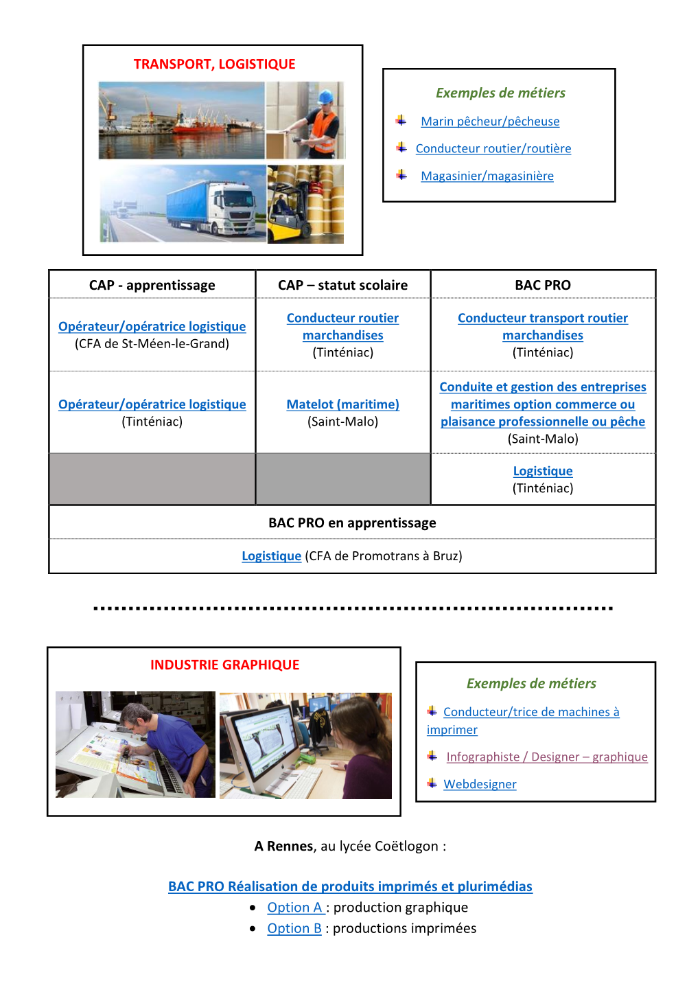 Exemples De Métiers TRANSPORT, LOGISTIQUE INDUSTRIE GRAPHIQUE a Rennes, Au Lycée Coëtlogon : BAC PRO Réalisation De Produits