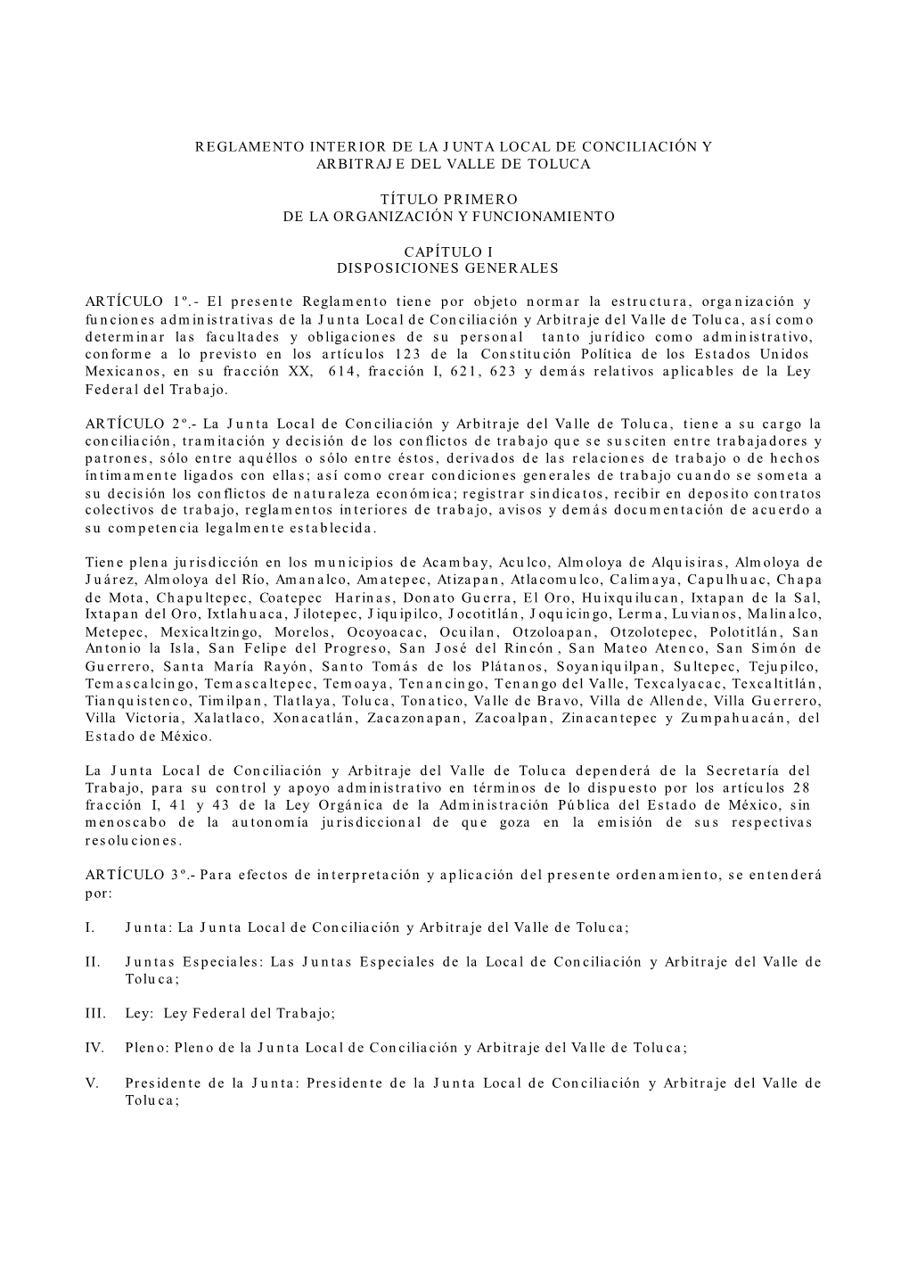 Reglamento Interior De La Junta Local De Conciliación Y Arbitraje Del Valle De Toluca