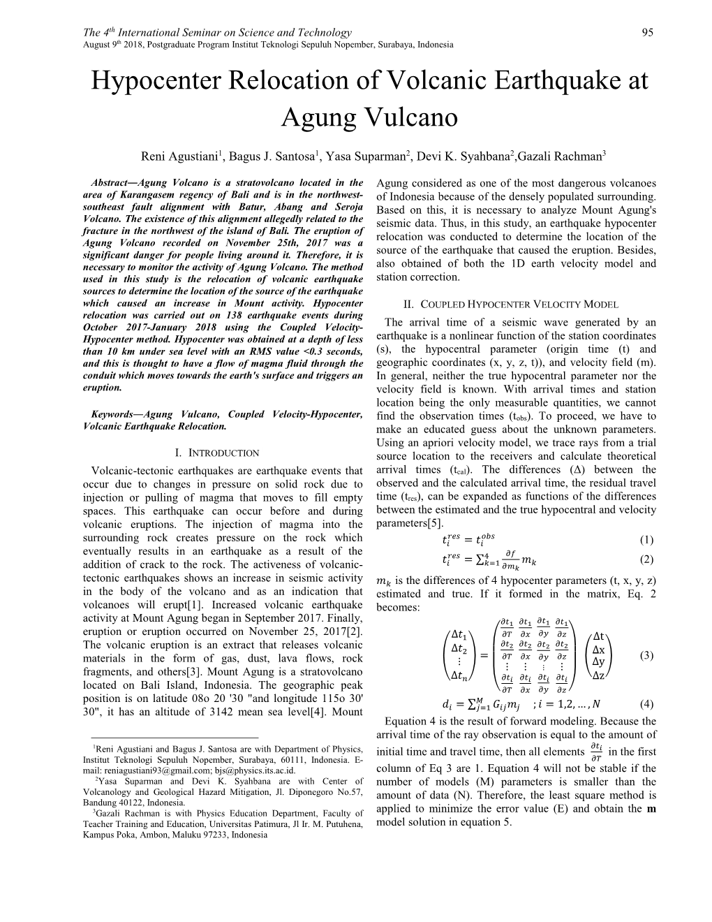 Hypocenter Relocation of Volcanic Earthquake at Agung Vulcano