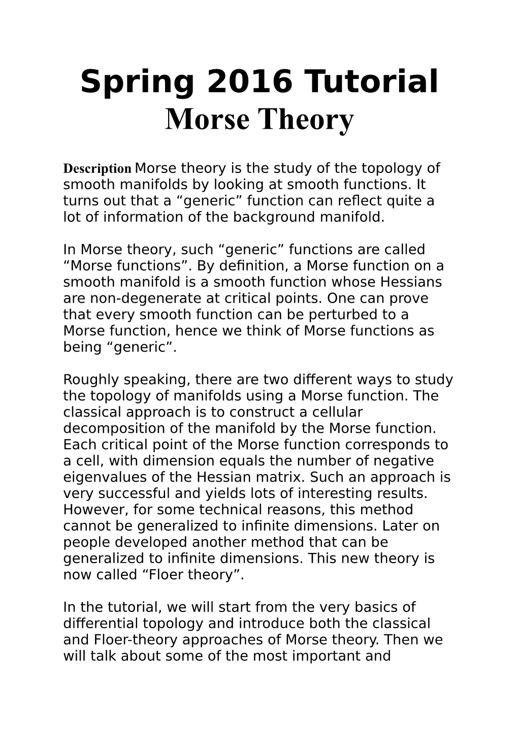 Spring 2016 Tutorial Morse Theory