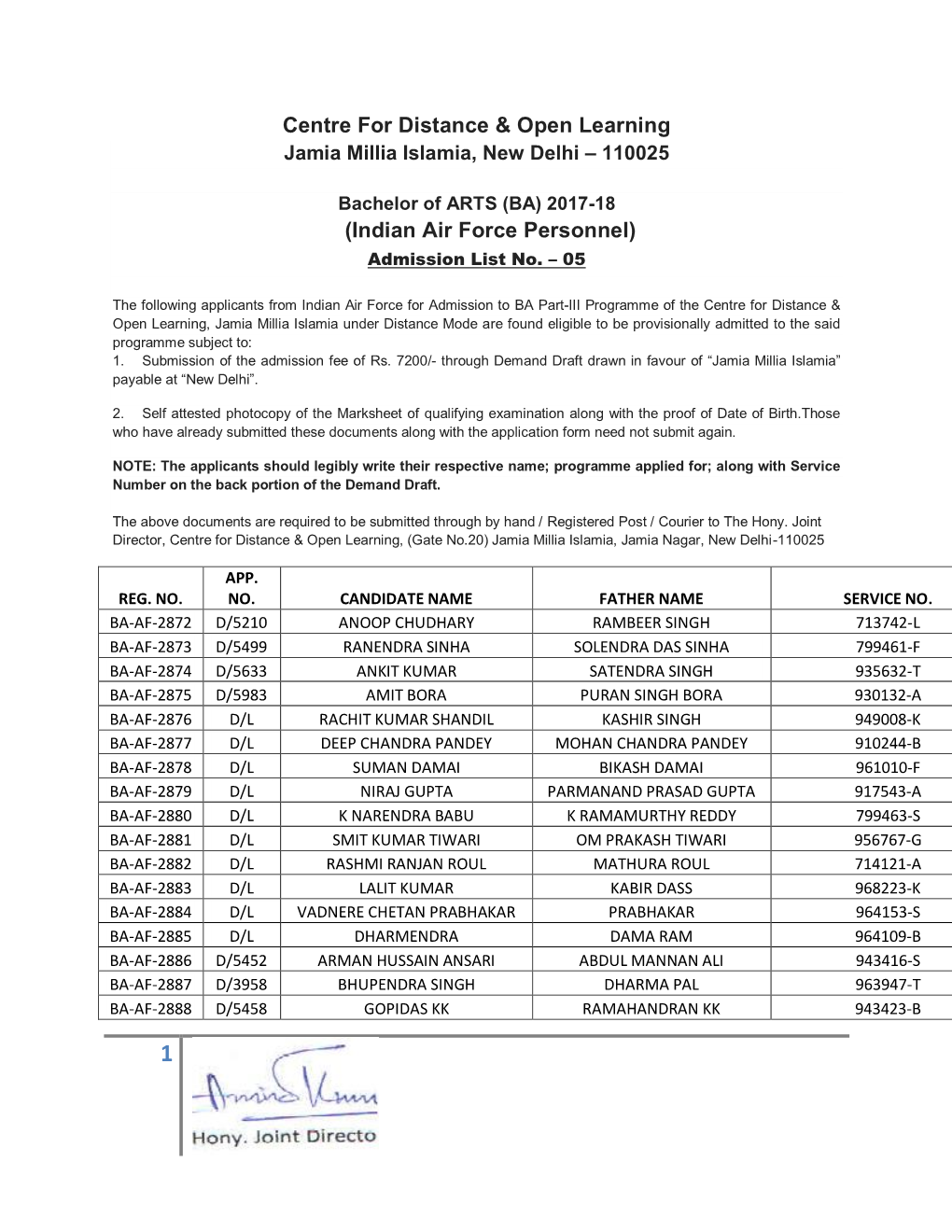 Indian Air Force Personnel) Admission List No