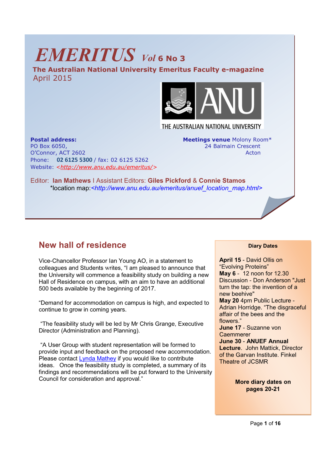 EMERITUS Vol 6 No 3 the Australian National University Emeritus Faculty E-Magazine April 2015