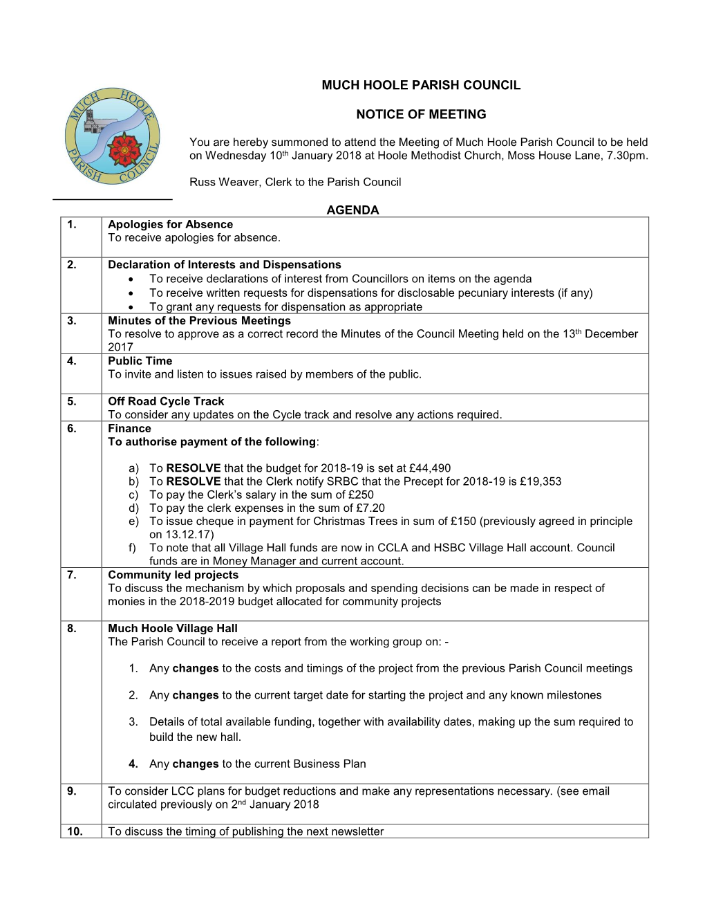 Much Hoole Parish Council Notice of Meeting