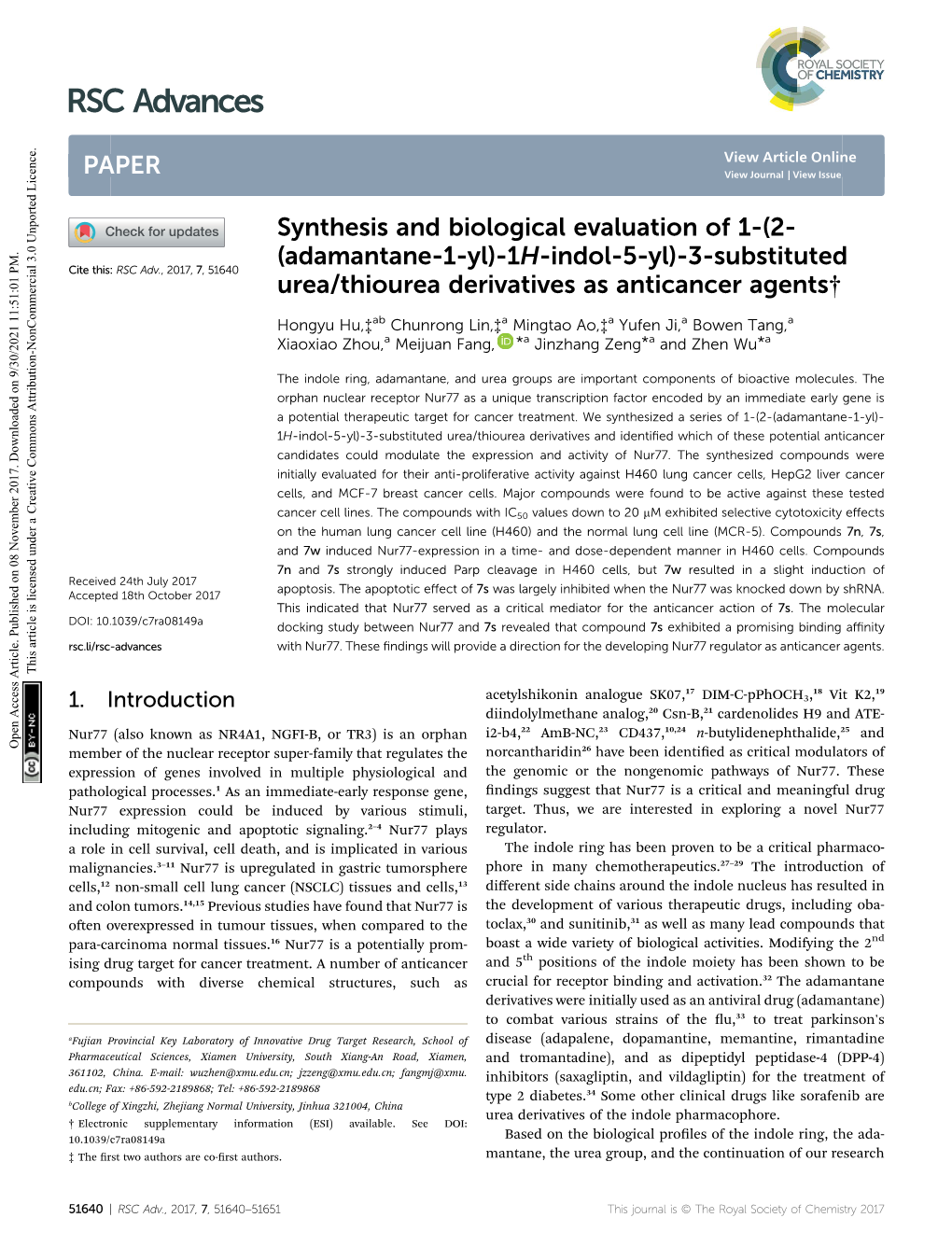 Synthesis and Biological Evaluation of 1-(2-(Adamantane-1-Yl)-1H-Indol-5-Yl)-3-Substituted Urea/Thiourea Derivatives As Anticanc