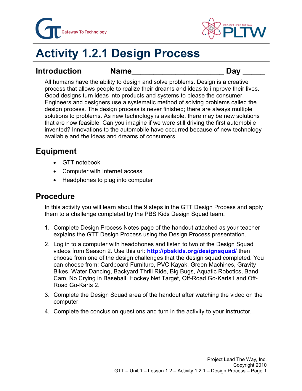 Activity 1.2.1 Design Process