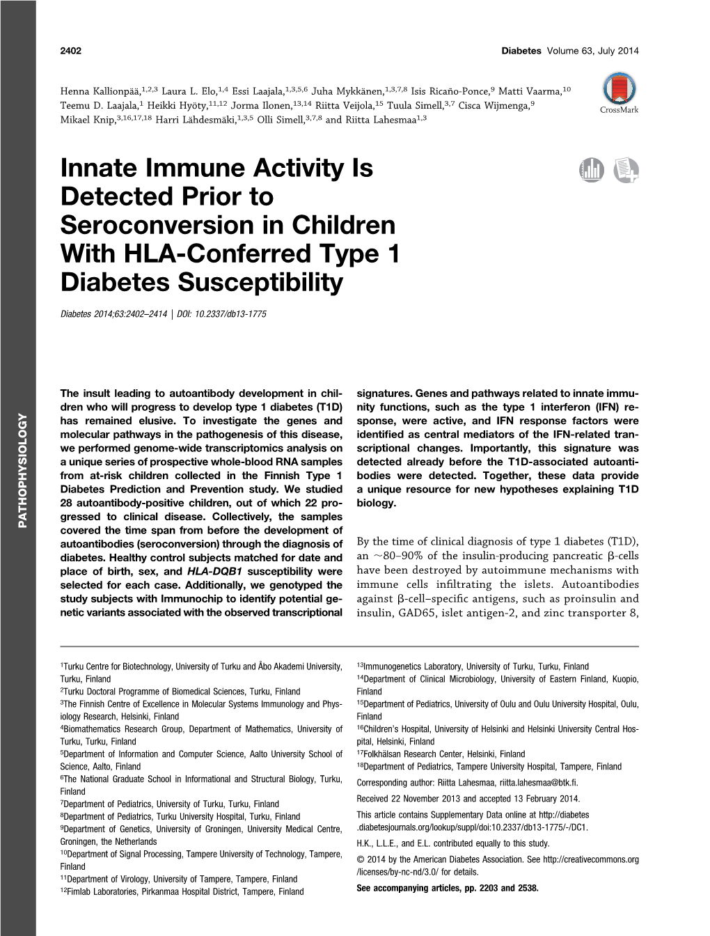 Innate Immune Activity Is Detected Prior to Seroconversion in Children with HLA-Conferred Type 1 Diabetes Susceptibility