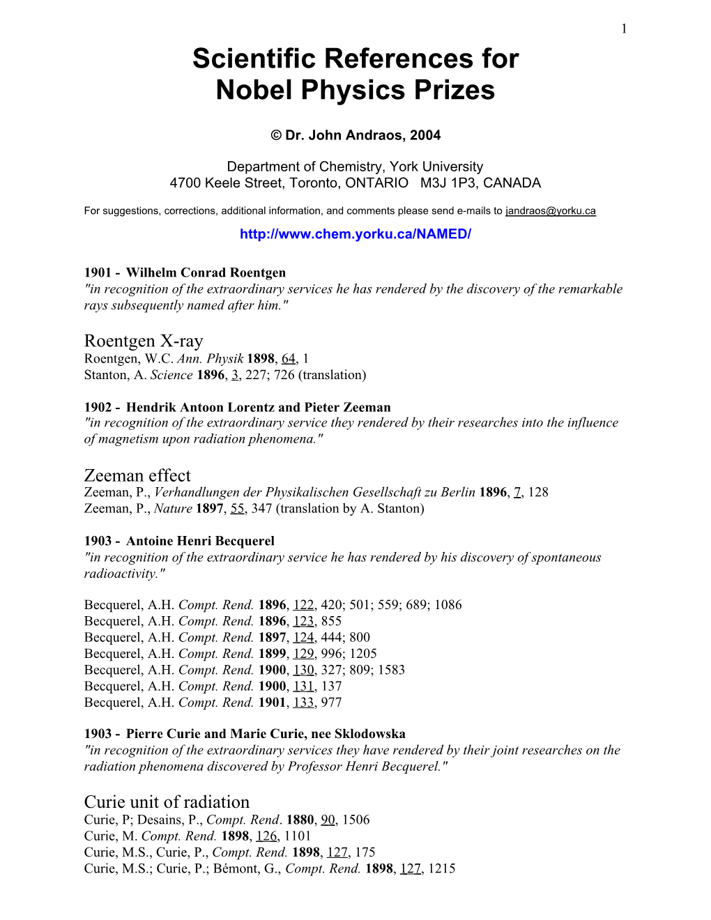 Scientific References for Nobel Physics Prizes