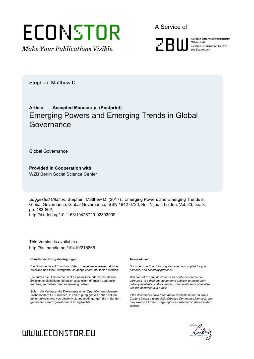 Emerging Powers and Emerging Trends in Global Governance