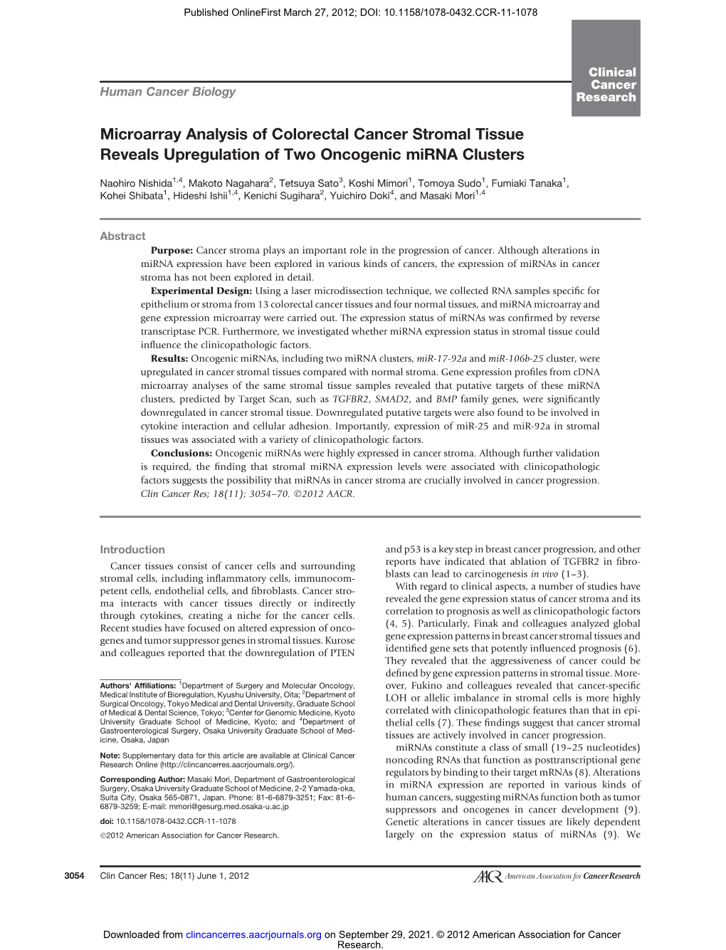 Microarray Analysis of Colorectal Cancer Stromal Tissue Reveals Upregulation of Two Oncogenic Mirna Clusters