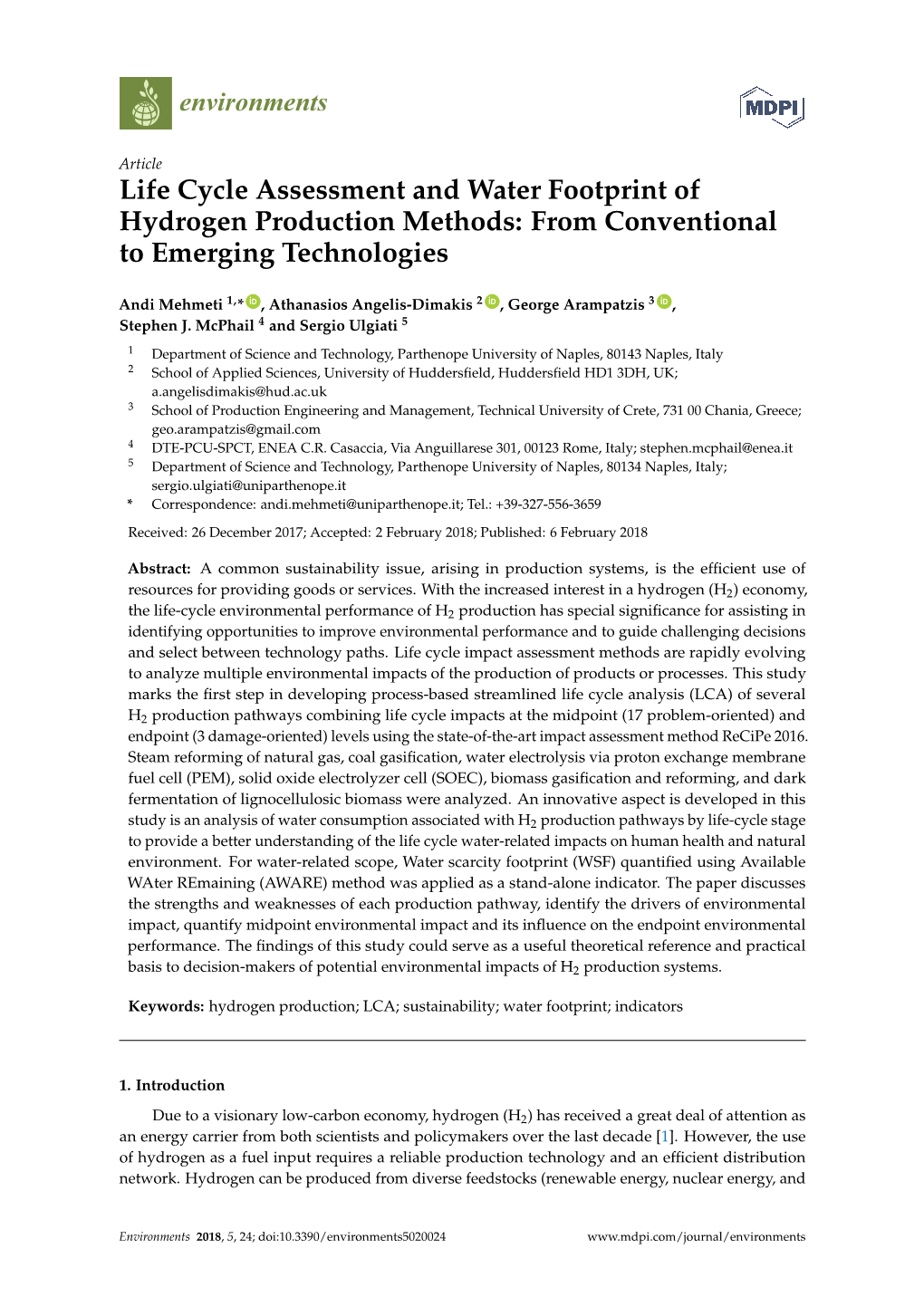 Life Cycle Assessment and Water Footprint of Hydrogen Production Methods: from Conventional to Emerging Technologies