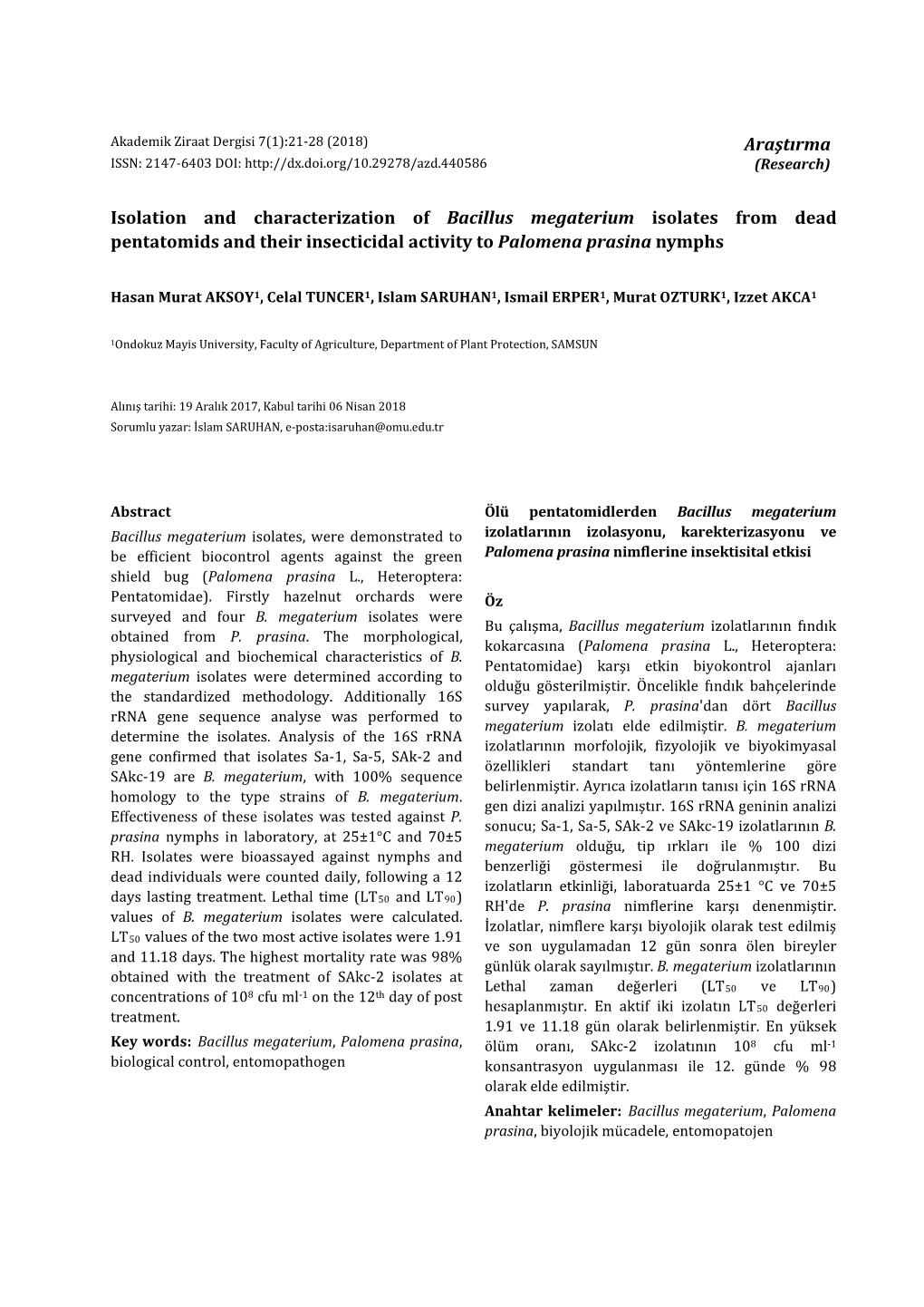 Araştırma Isolation and Characterization of Bacillus