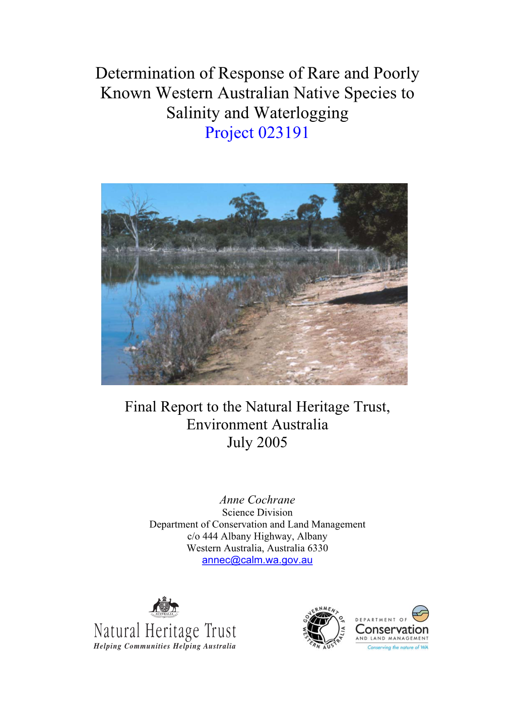 Determination of Response of Rare and Poorly Known Western Australian Native Species to Salinity and Waterlogging Project 023191