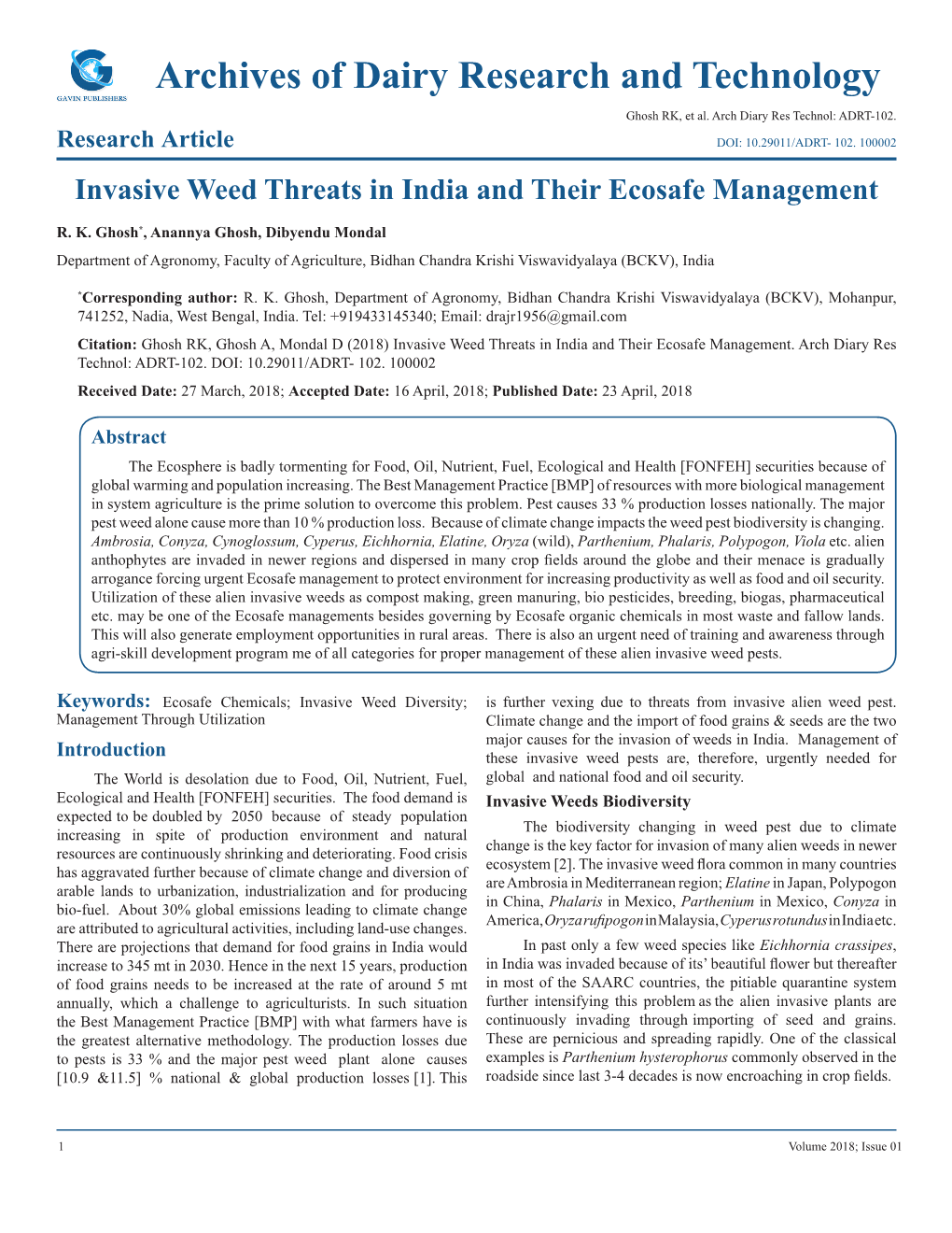 Archives of Dairy Research and Technology Ghosh RK, Et Al