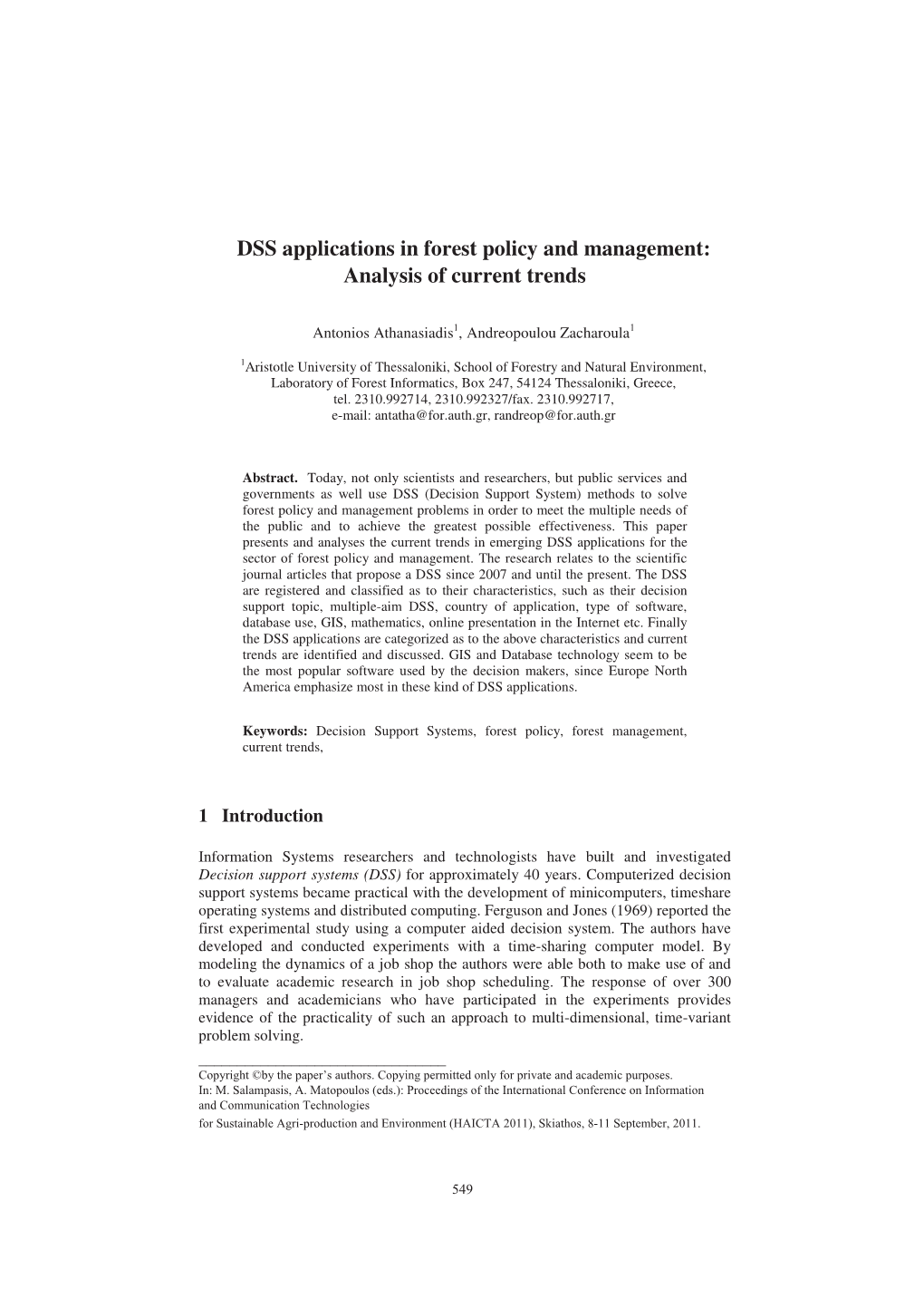 DSS Applications in Forest Policy and Management: Analysis of Current Trends