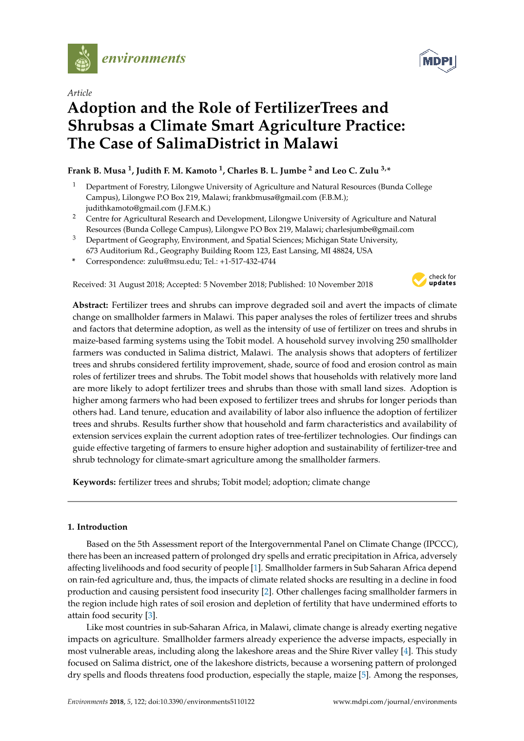 Adoption and the Role of Fertilizertrees and Shrubsas a Climate Smart Agriculture Practice: the Case of Salimadistrict in Malawi