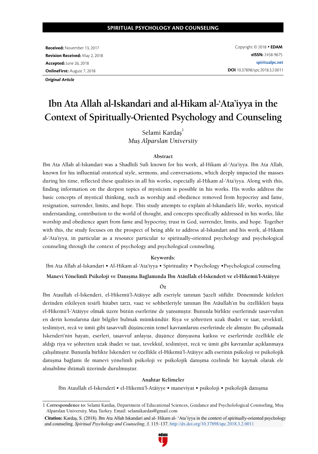 Ibn Ata Allah Al-Iskandari and Al-Hikam Al-‘Ata’Iyya in the Context of Spiritually-Oriented Psychology and Counseling