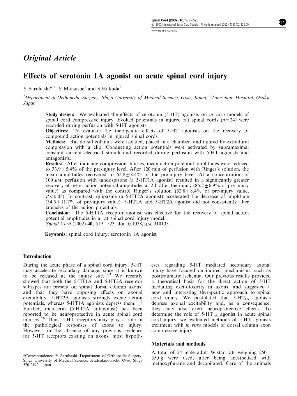 Original Article E€Ects of Serotonin 1A Agonist on Acute Spinal Cord Injury