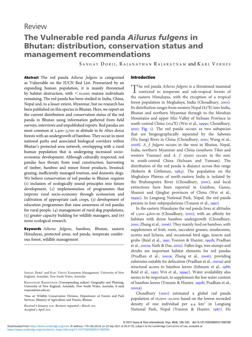 The Vulnerable Red Panda Ailurus Fulgens in Bhutan: Distribution, Conservation Status and Management Recommendations