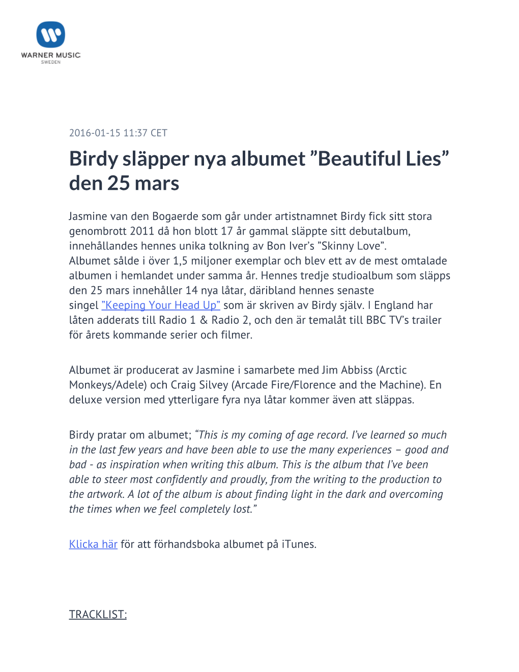 Birdy Släpper Nya Albumet ”Beautiful Lies” Den 25 Mars