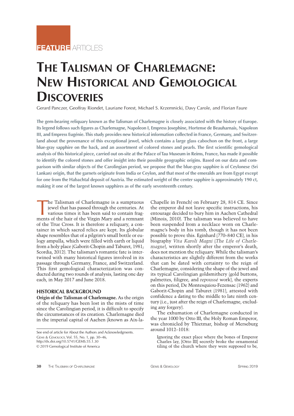 THE TALISMAN of CHARLEMAGNE: NEW HISTORICAL and GEMOLOGICAL DISCOVERIES Gerard Panczer, Geoffray Riondet, Lauriane Forest, Michael S