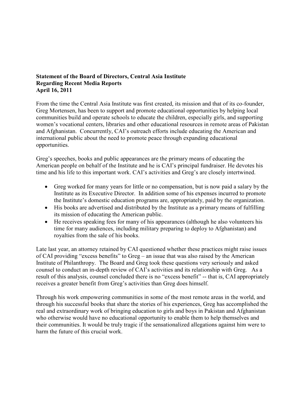 Statement of the Board of Directors, Central Asia Institute Regarding Recent Media Reports April 16, 2011