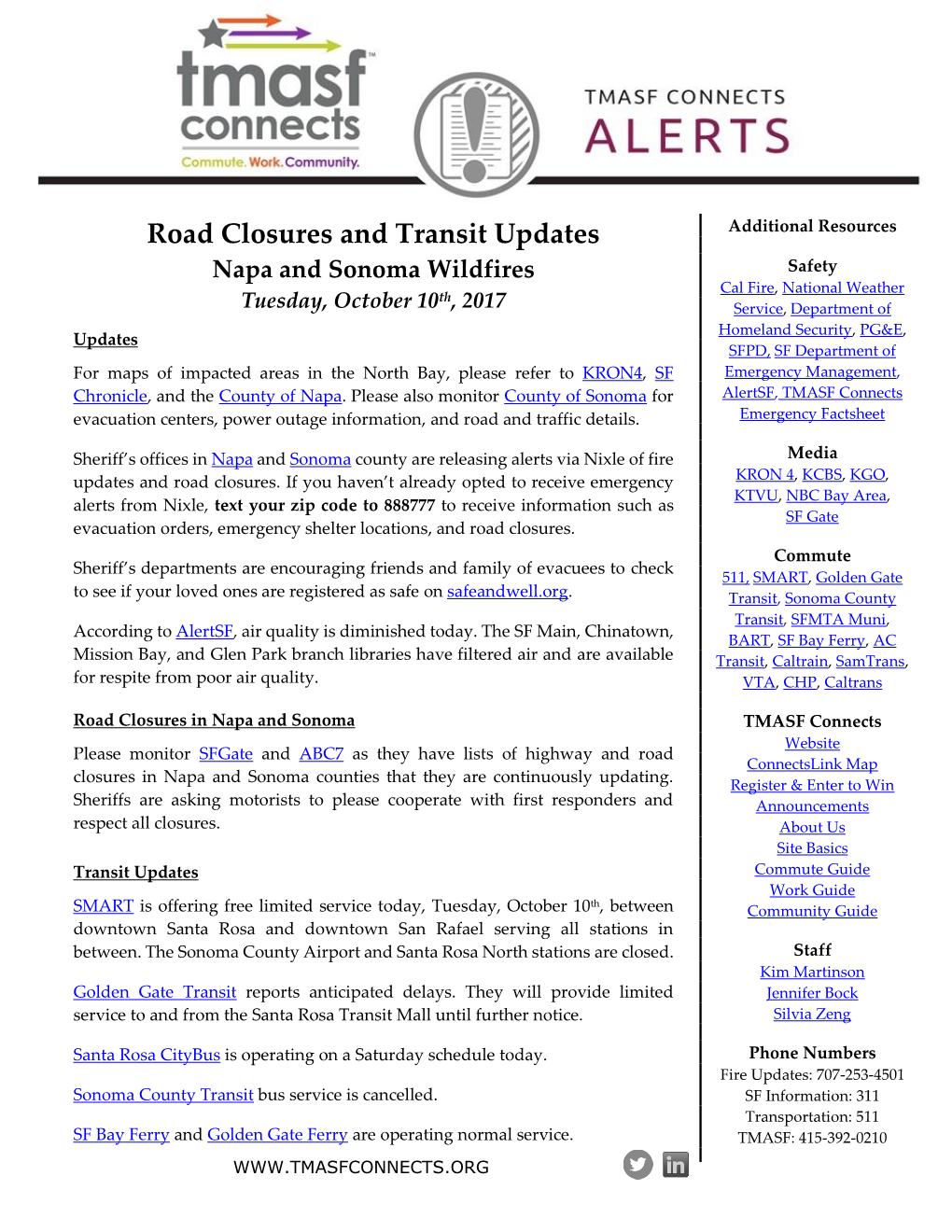 Road Closures and Transit Updates Napa and Sonoma Wildfires Safety Cal Fire, National Weather Th Tuesday, October 10 , 2017 Service, Department Of