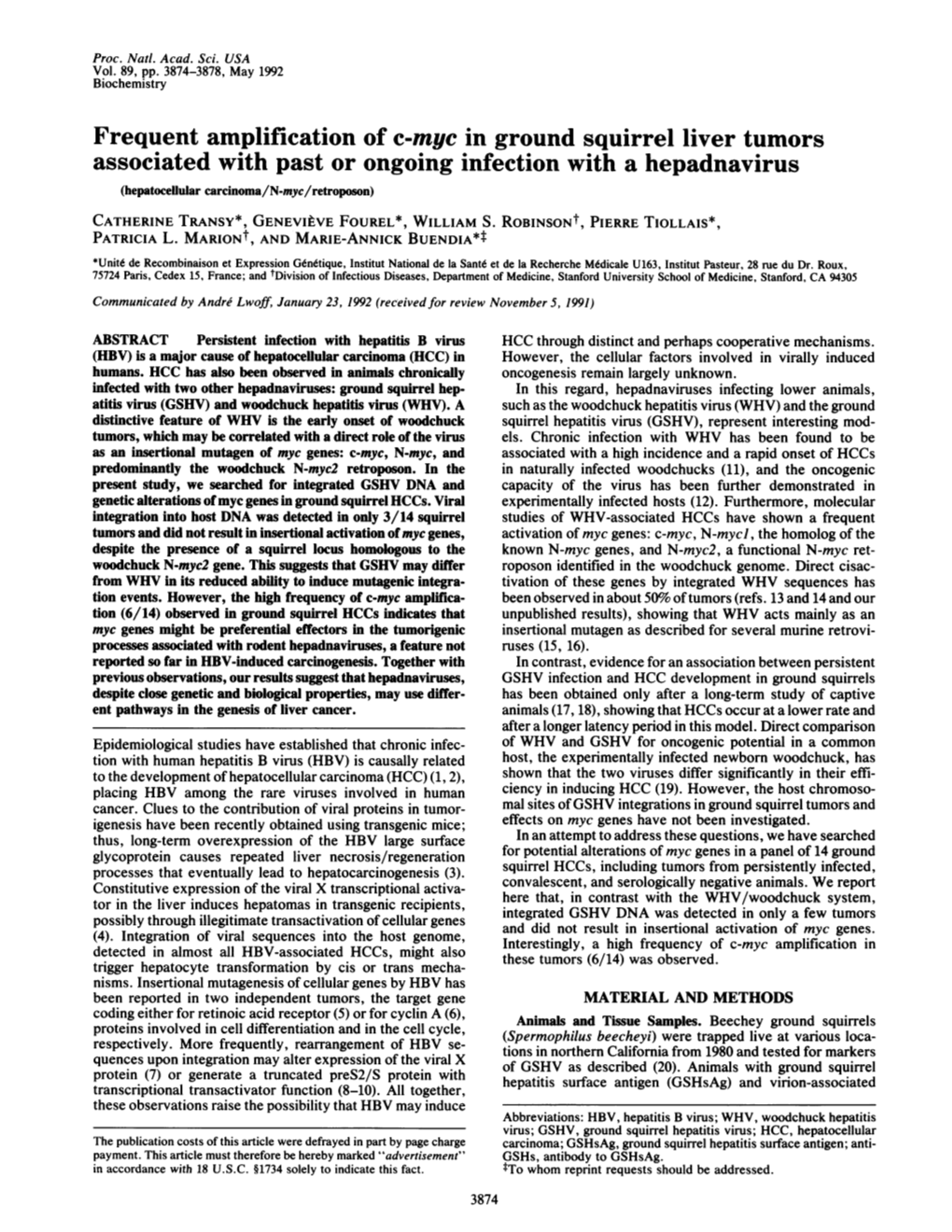 Associated with Past Or Ongoing Infection with a Hepadnavirus (Hepatoceflular Carcinoma/N-Myc/Retroposon) CATHERINE TRANSY*, GENEVIEVE FOUREL*, WILLIAM S