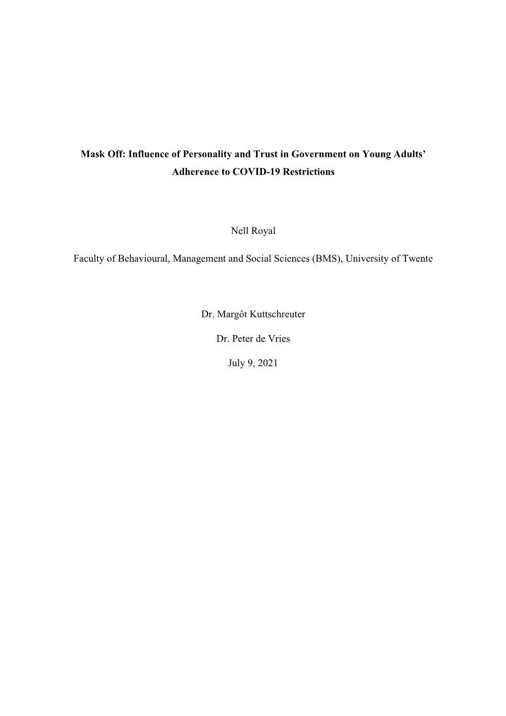 Influence of Personality and Trust in Government on Young Adult's Compliance to COVID-19 Restrictions