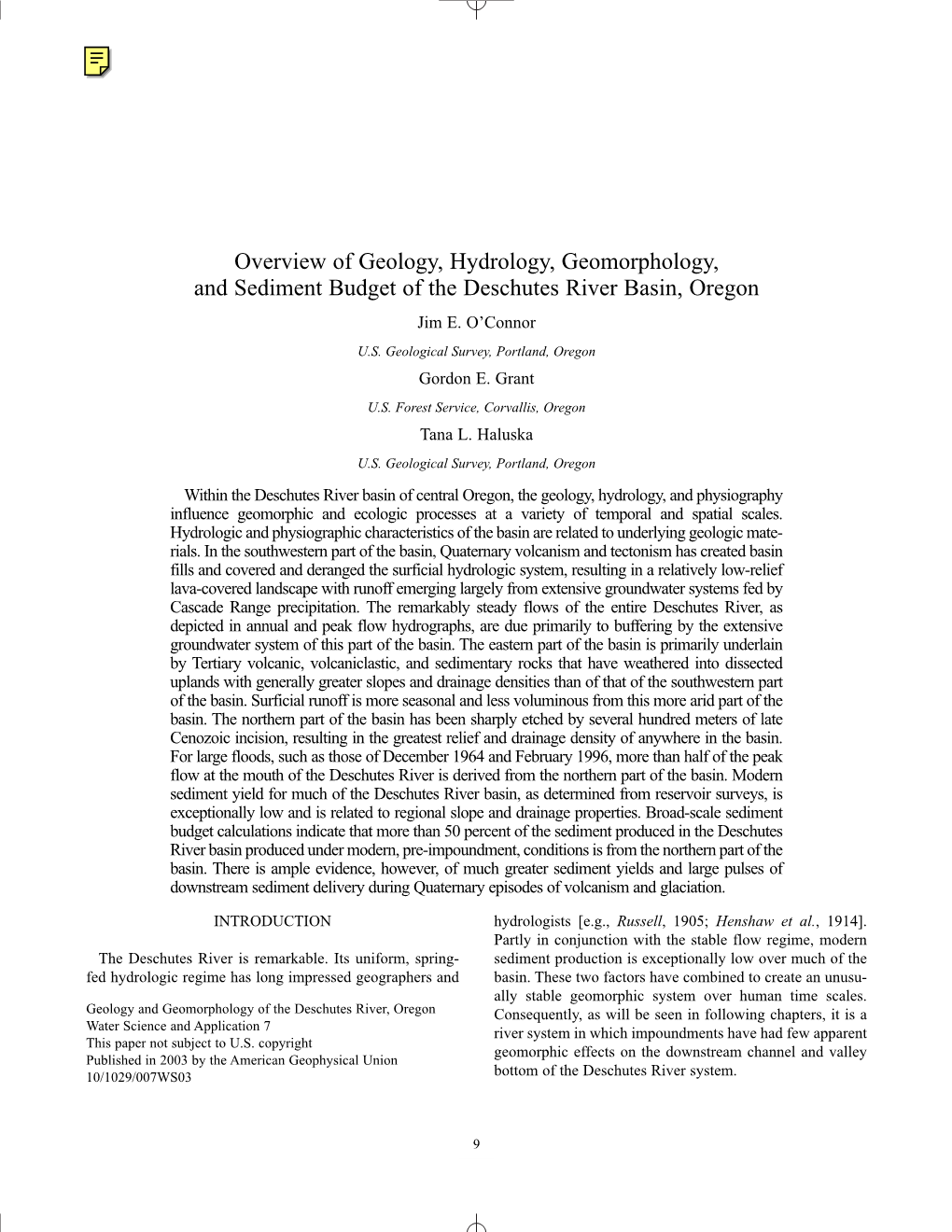 Overview of Geology, Hydrology, Geomorphology, and Sediment Budget of the Deschutes River Basin, Oregon Jim E