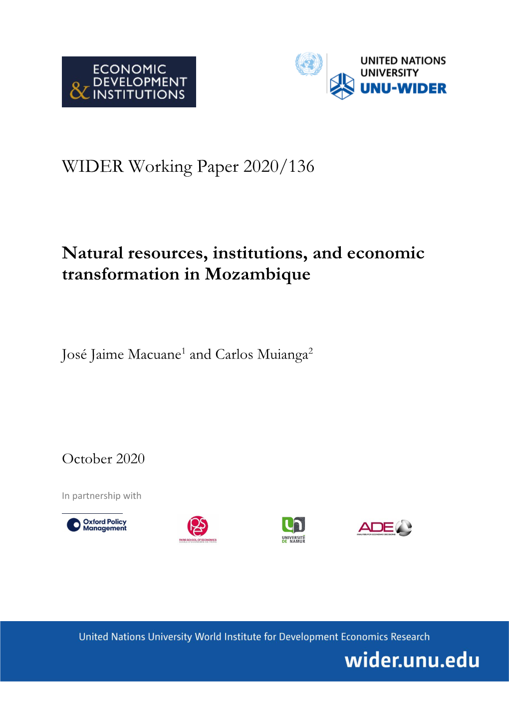 WIDER Working Paper 2020/136-Natural Resources, Institutions, and Economic Transformation in Mozambique