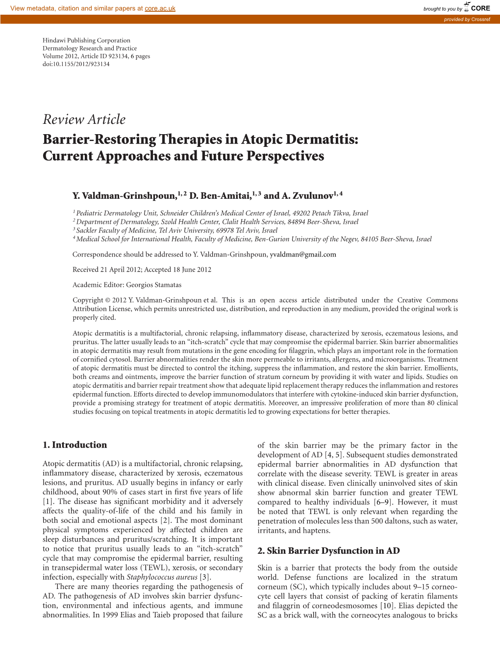 Review Article Barrier-Restoring Therapies in Atopic Dermatitis: Current Approaches and Future Perspectives