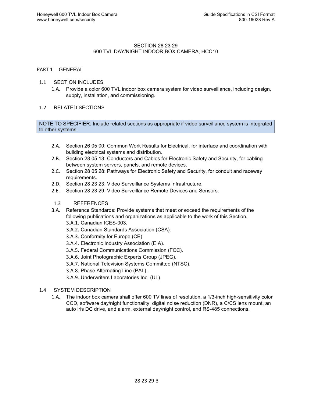 Honeywell 600 TVL Indoor Box Camera Guide Specifications in CSI Format