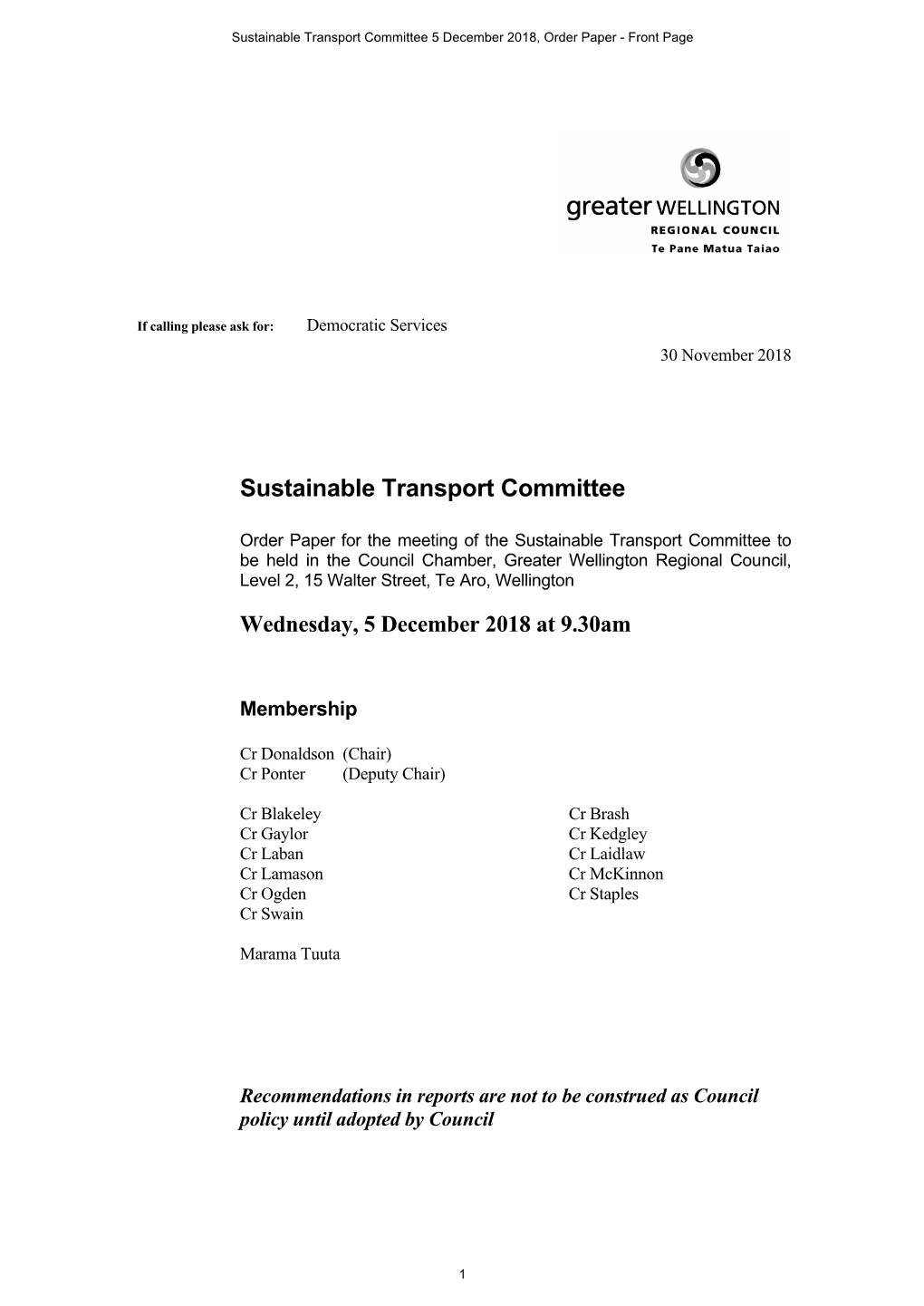 Sustainable Transport Committee 5 December 2018, Order Paper - Front Page