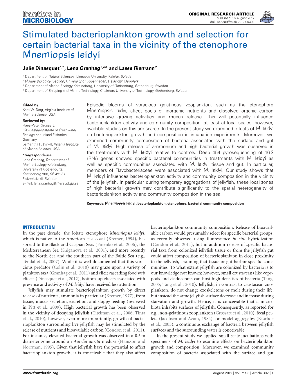 Stimulated Bacterioplankton Growth and Selection for Certain Bacterial Taxa in the Vicinity of the Ctenophore Mnemiopsis Leidyi