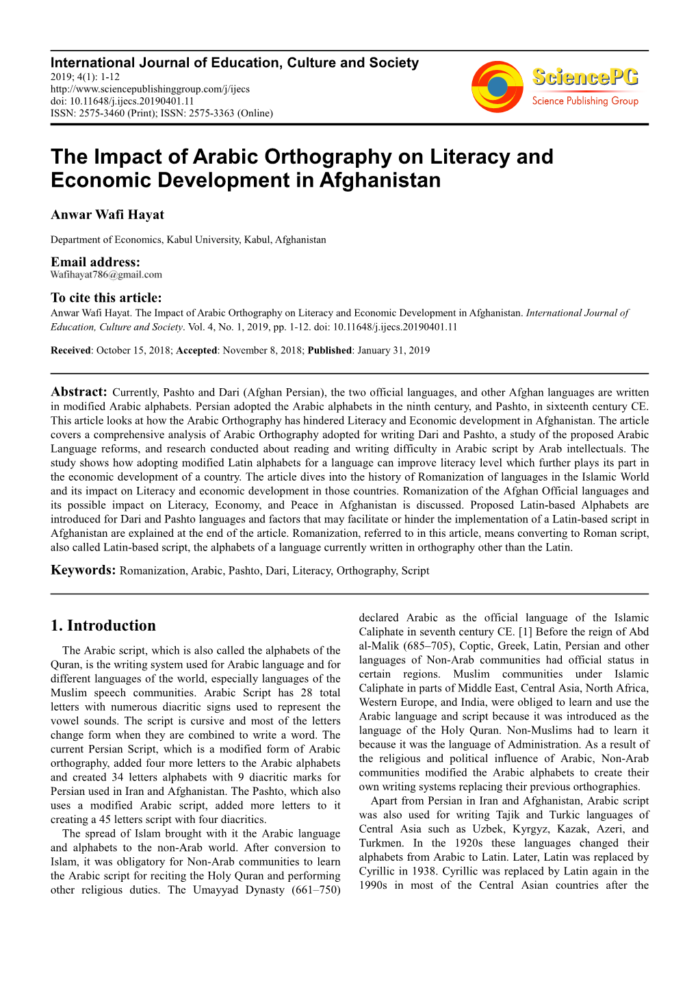 The Impact of Arabic Orthography on Literacy and Economic Development in Afghanistan