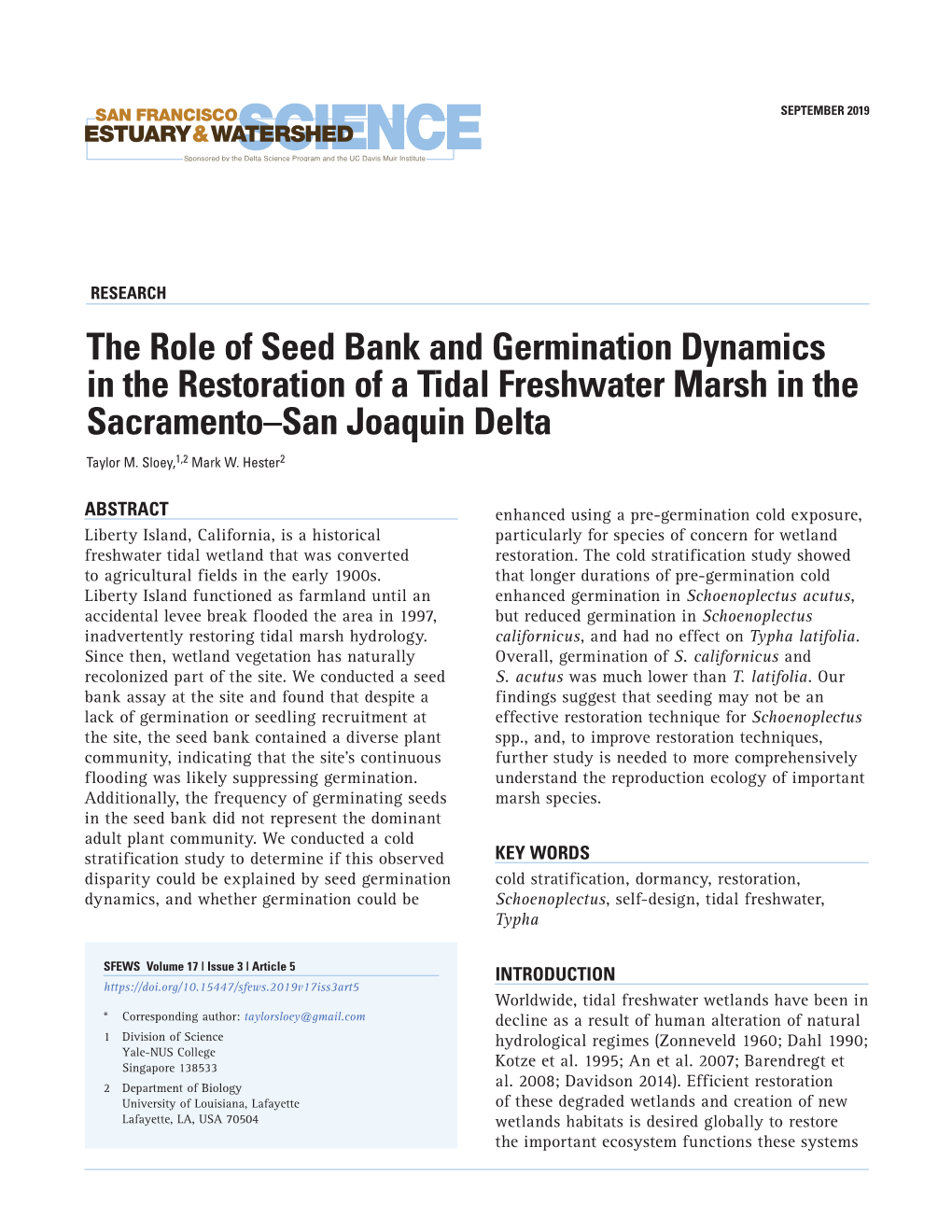 The Role of Seed Bank and Germination Dynamics in the Restoration of a Tidal Freshwater Marsh in the Sacramento–San Joaquin Delta Taylor M